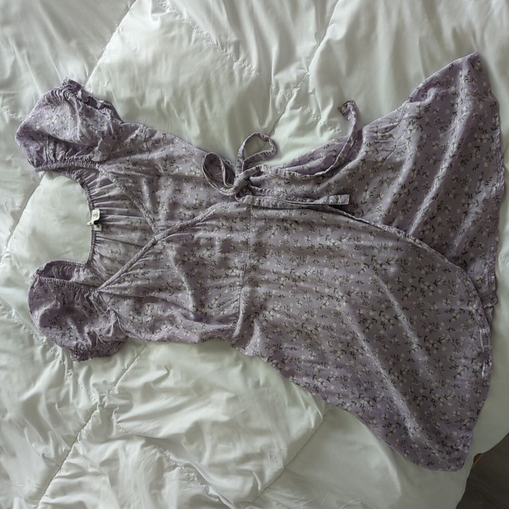 Purple Puffy Sleeve Floral Dress